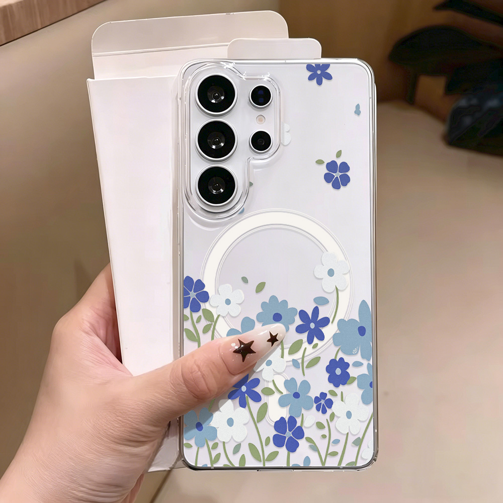 Phone Cases Quality - เคสโทรศัพท์แม่เหล็กสีฟ้าลายดอกไม้ สำหรับ Samsung A57 A37 S26