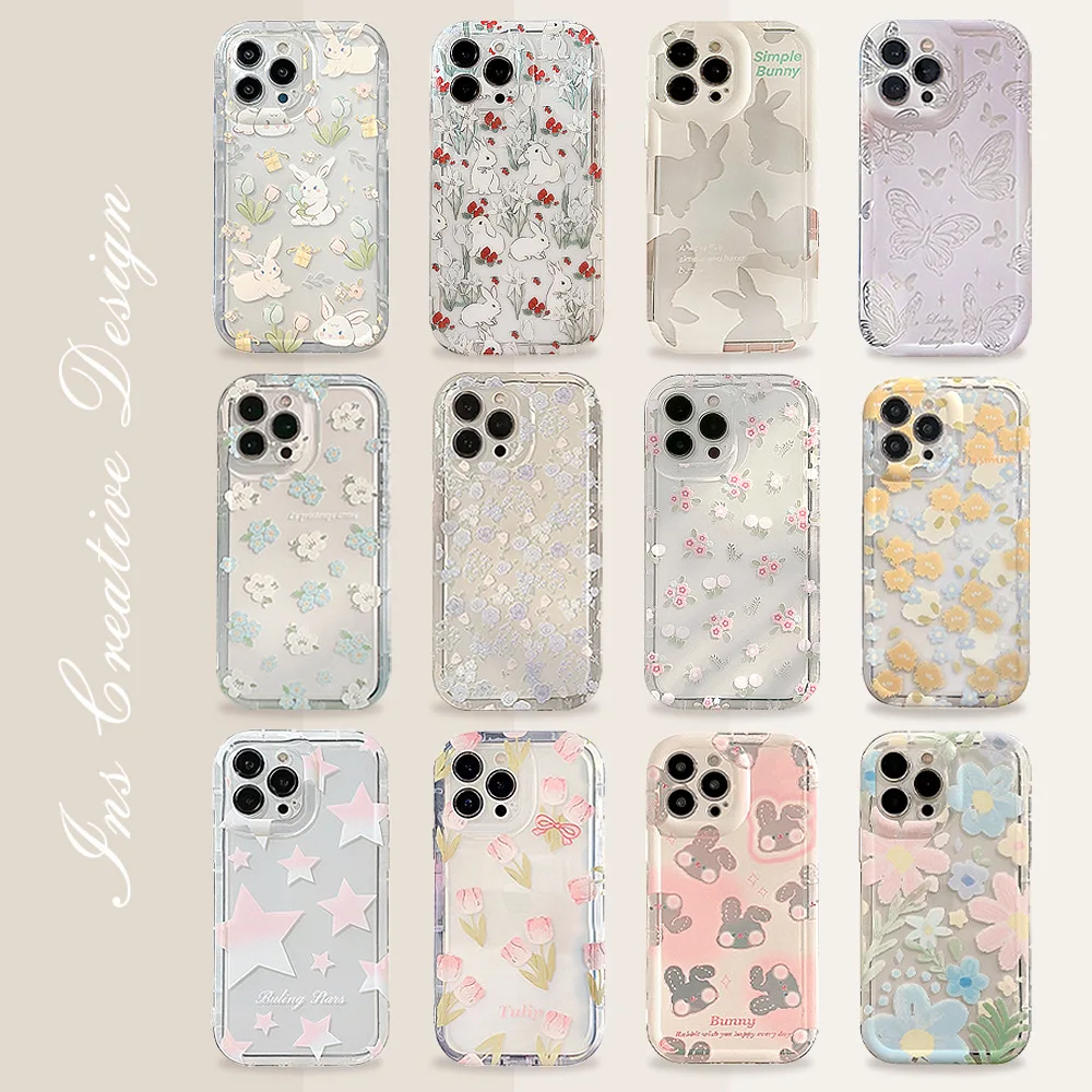 Cute Cartoon Case - น่ารักการ์ตูนกระต่ายดอกไม้โปร่งใสกรณีโทรศัพท์สําหรับiPhone 16 11 15 13 14
